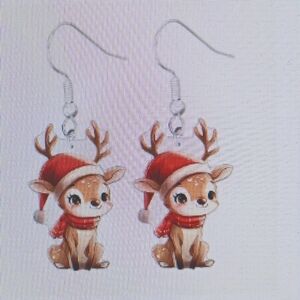 Reindeer Cartoon Christmas Earrings - Acrylic Dangles - Nickel-Free Alloy Hooks
